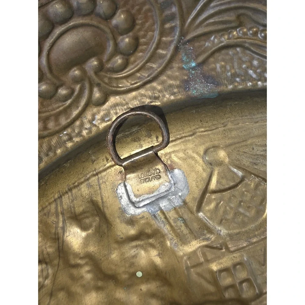 Vintage Brass Tavern Scene Wall Hanging Plate Embossed Repousse Pub Decor 14in